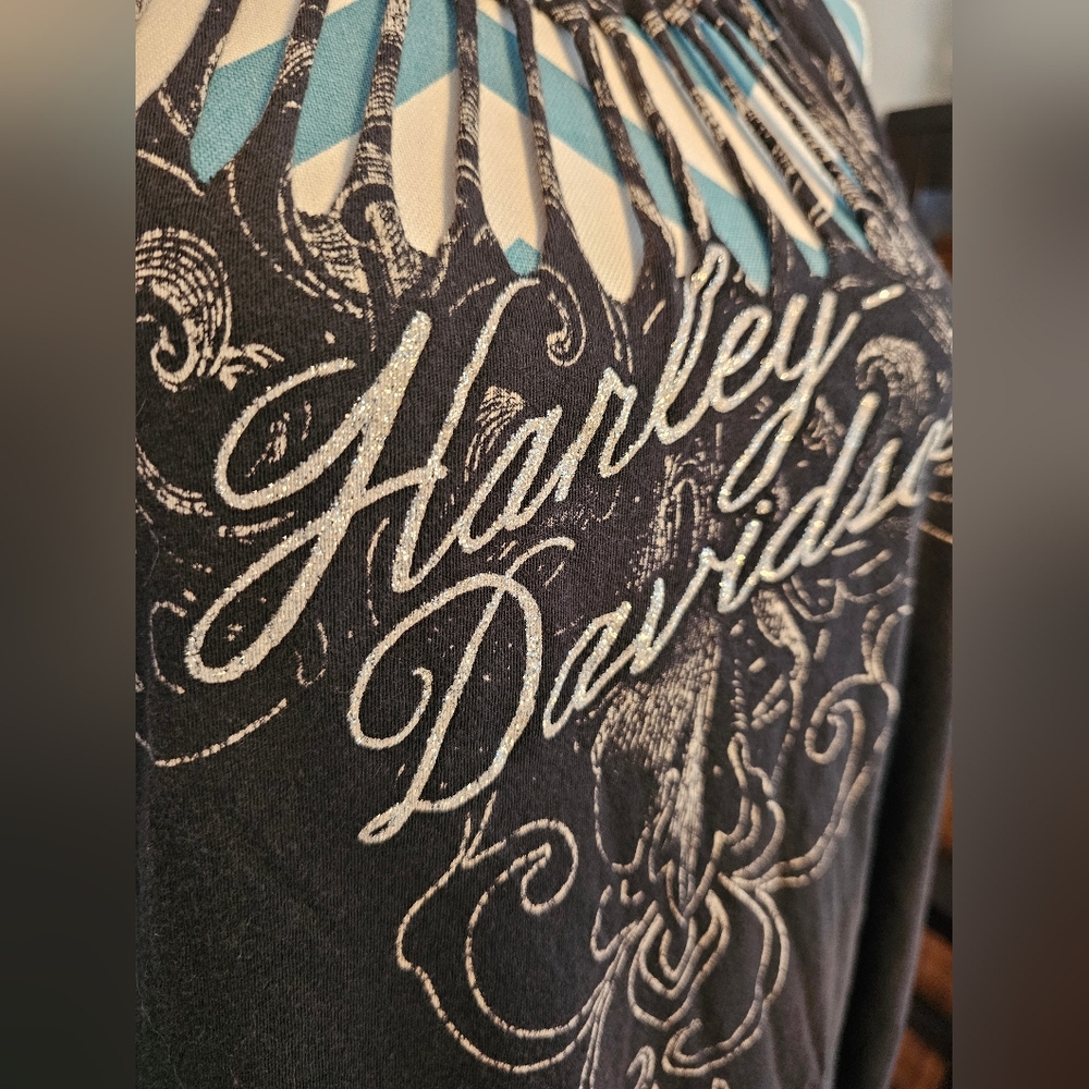 Harley-Davidson Women's Black Tank Top. 2014. Cut Out Front And Back. Biker